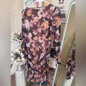 Elegant Floral Midi Dress in Purple and Pink